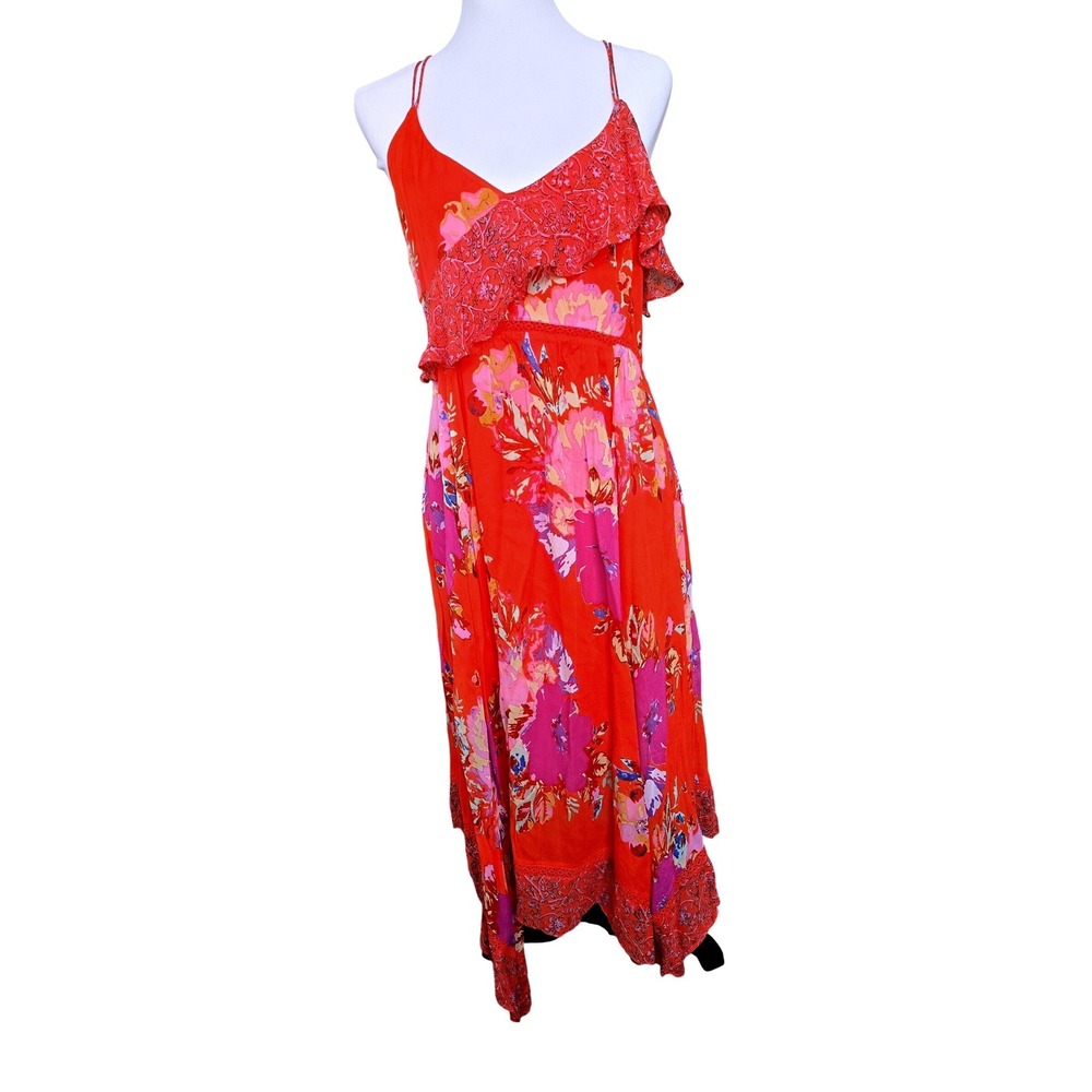 Free People Red Floral Handkerchief Hem Midi Dress Ruffle V-Neck Boho Womens